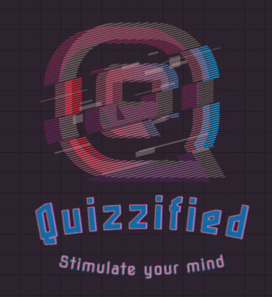 Quizzified Logo: a glitched Q-shape, Quizzified and Stimulate your mind slogan.